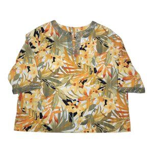 Alfred Dunner Womens Floral Top 22W Cotton Blend 3/4 Sleeve Tropical Leaf Print